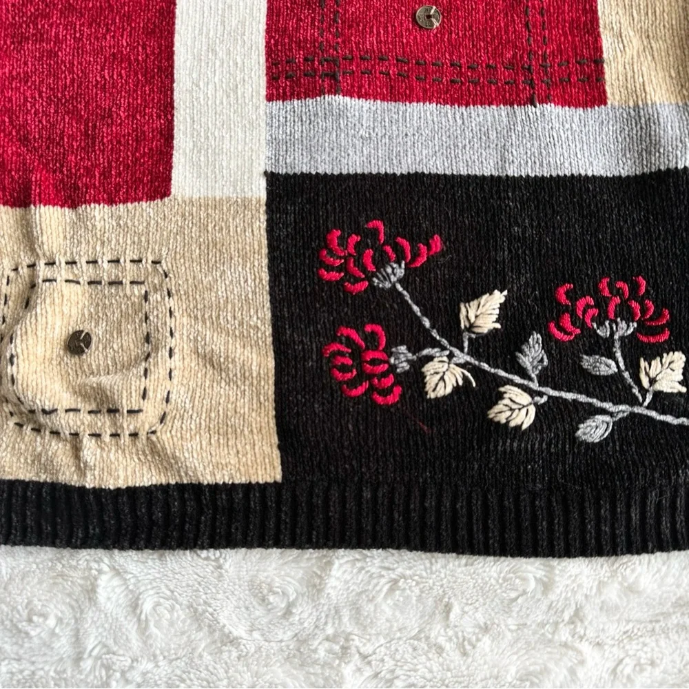 Vintage Alfred Dunner Sweater Womens 2X Red Black Colorblock Floral Retro READ - Picture 7 of 11